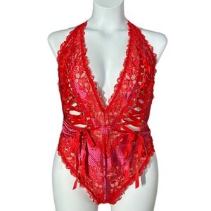 Savage X Fenty‎ Red Pink Lace Corset Teddy Strappy Bodysuit NWT 1X
